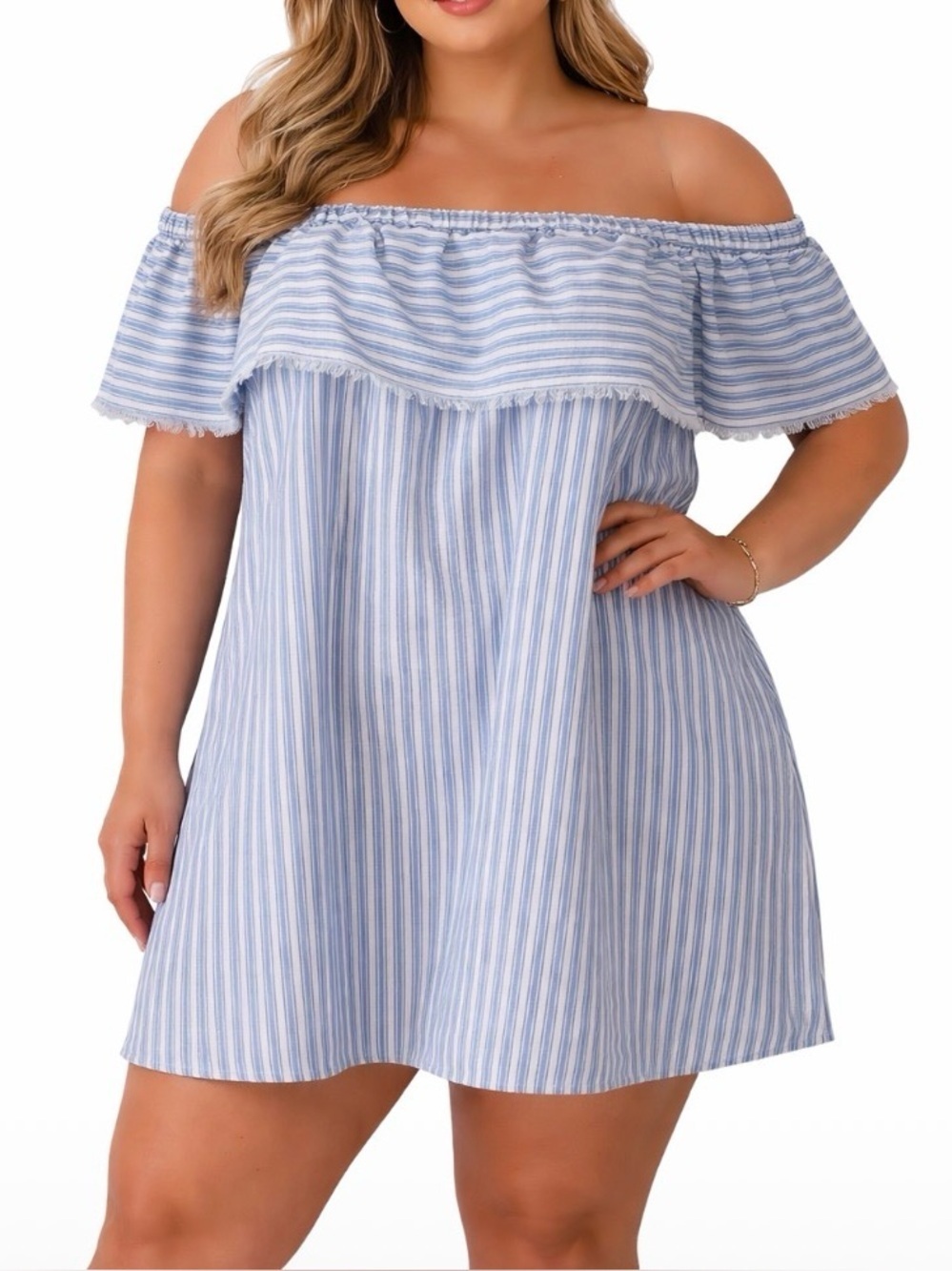 Paper Crane dress ruffle top stripped nautical cotton/linen blend blue/white LG